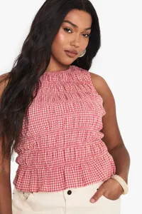 Tops | Plus Shirred Gingham Peplum Top | boohoo | Boohoo.com (UK & IE)