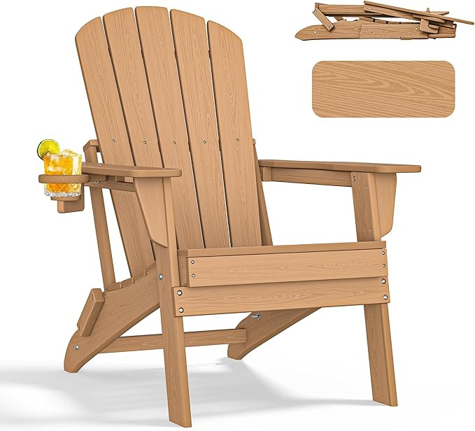 nevilywood Folding Adirondack Chair - Extended Ergonomic Backrest, Cup Holder - Easy Assembly - D... | Amazon (US)