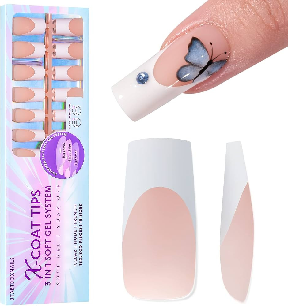 BTArtboxnails Soft Gel Nail Tips - 150pcs Long Square French Tip Press on Nails Nude Acrylic Nail... | Amazon (US)