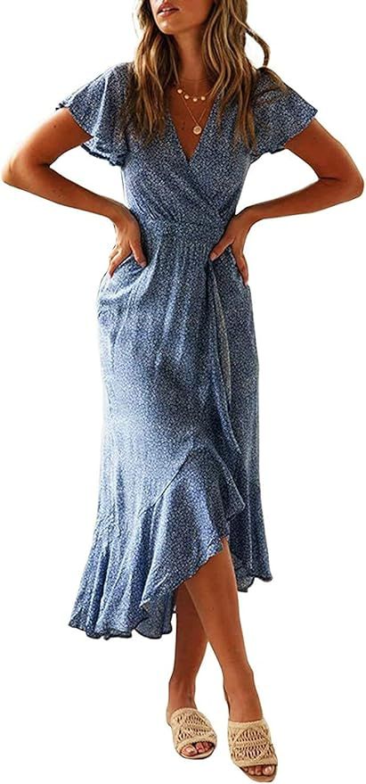 ZESICA Women's 2024 Bohemian Floral Printed Wrap V Neck Short Sleeve Split Beach Party Maxi Dress | Amazon (US)