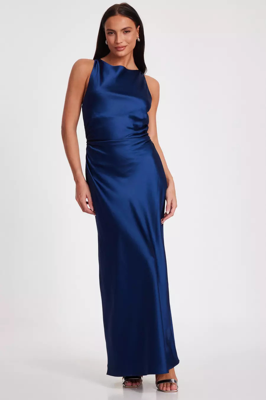 Navy Satin Ruched Midaxi Dress | Quiz Clothing