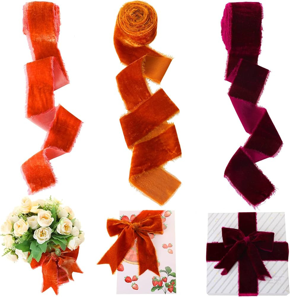3 Roll Silk Velvet Ribbon Frayed Wedding Velvet Ribbon 2 Inch x 3 Yards Raw Edge Fringe Wreath Ri... | Amazon (US)