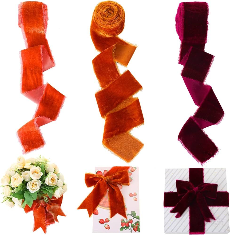 3 Roll Silk Velvet Ribbon Frayed Wedding Velvet Ribbon 2 Inch x 3 Yards Raw Edge Fringe Wreath Ri... | Amazon (US)