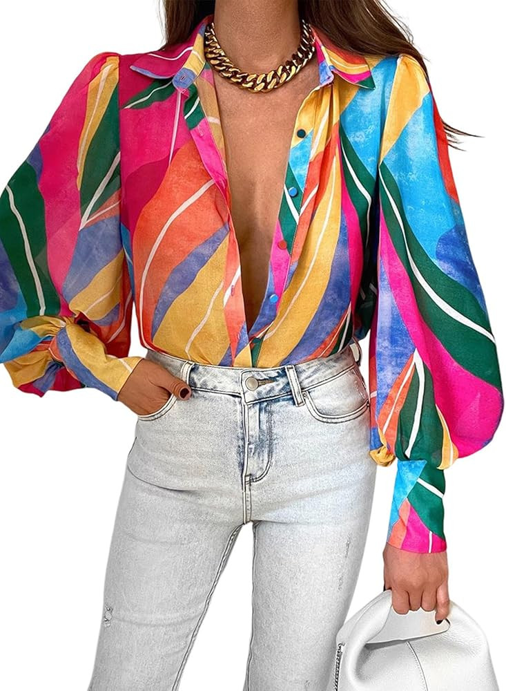 EVALESS Womens Tops Button Down Shirts Print Long Sleeve Blouses for Women Fashion 2024 | Amazon (US)