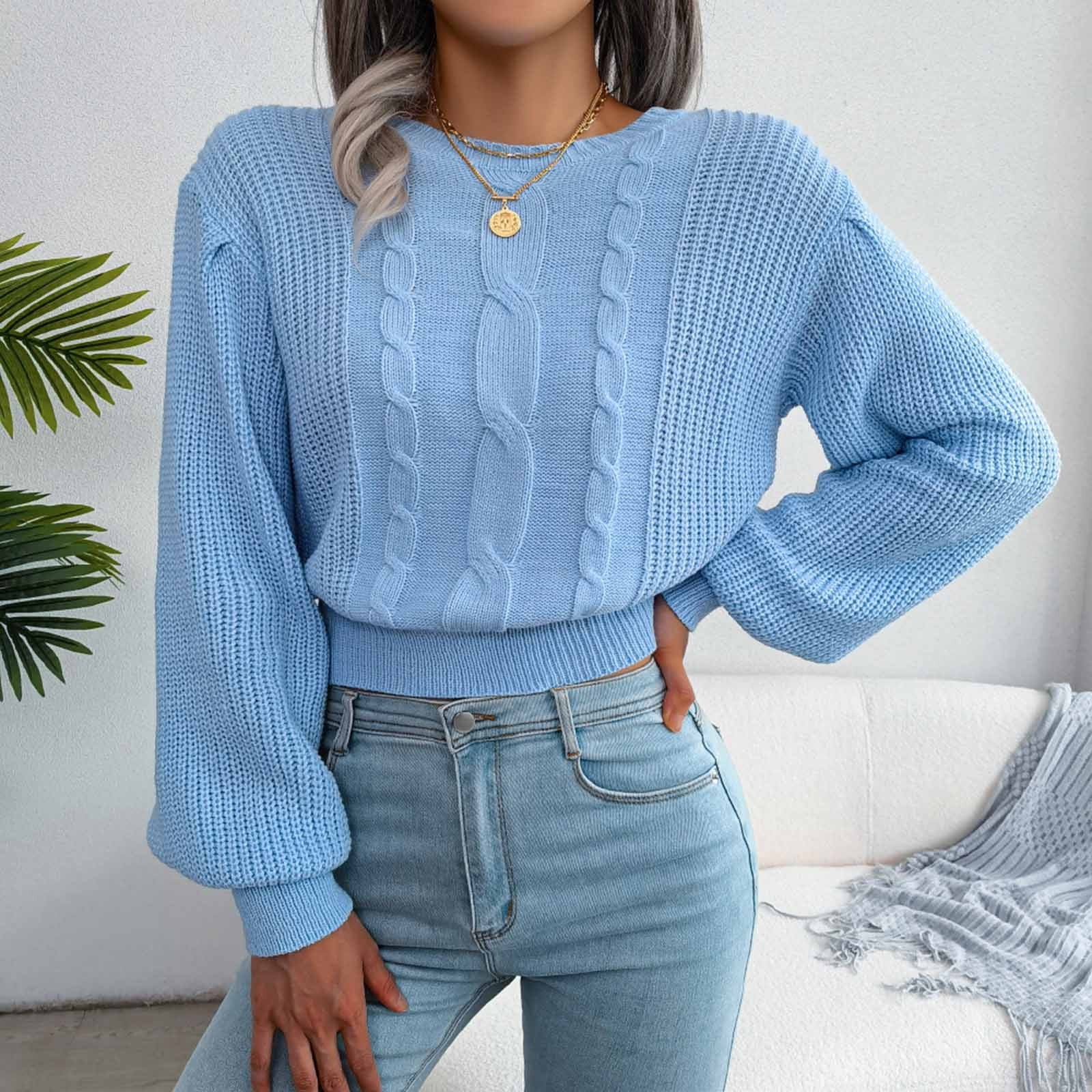 symoid Women's Sweaters- Pullover Knit Solid Long Sleeve Crew Neck Casual Autumn Sweater Tops Blu... | Walmart (US)