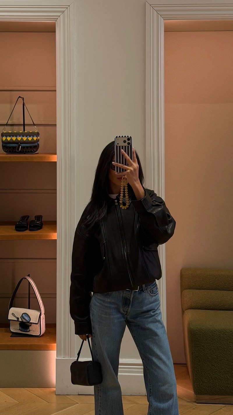 Revolve black leather bomber jacket, 501 Levi's jeans (a go to) | nyc ootd

#LTKootd #LTKdayinmylife #LTKSeasonal