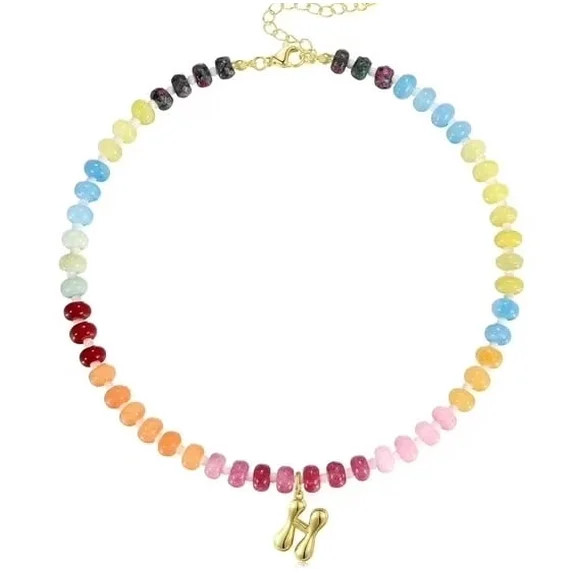 Women's Initials Necklace, Colorful Beaded Gemstone Bubble Letter Pendant Necklace Natural Stone ... | Walmart (US)