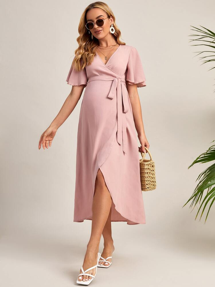 SHEIN Maternity Flutter Sleeve Belted Wrap Dress | SHEIN