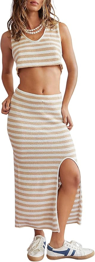 Watashi Women's 2024 Two Piece Sweater Set Striped Knit Sleeveless Vest Wrap Sexy Split Halter Dr... | Amazon (US)