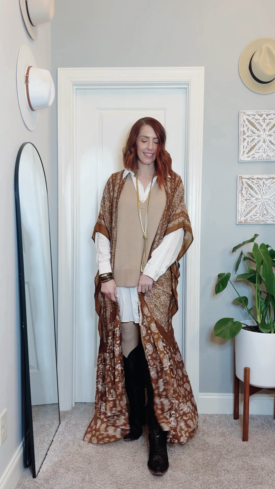 It’s all about the boots today—because every outfit needs a standout moment! 🤠✨

Day 16 of my 31 Days of Closet Magic Challenge is dedicated to Statement Boots, and my black Western cowboy boots are stealing the show. I styled them with a white shirt dress, a cozy oversized tan vest, and a flowy brown paisley kimono duster. Fleece-lined tights, black boot socks, and a taupe hobo bag keep it practical and chic, while a long knotted necklace and my favorite leather cuff add just the right touch of boho charm.

Are you into bold boots or do you prefer keeping it simple?
🖤 Statement boots, all day!
🤍 Classic styles forever!

#ClosetMagicChallenge #StatementBoots #TallGirlStyle #TallSizes #BohoChic #WesternVibes #LayeredLooks

#LTKStyleTip #LTKMidsize #LTKShoeCrush