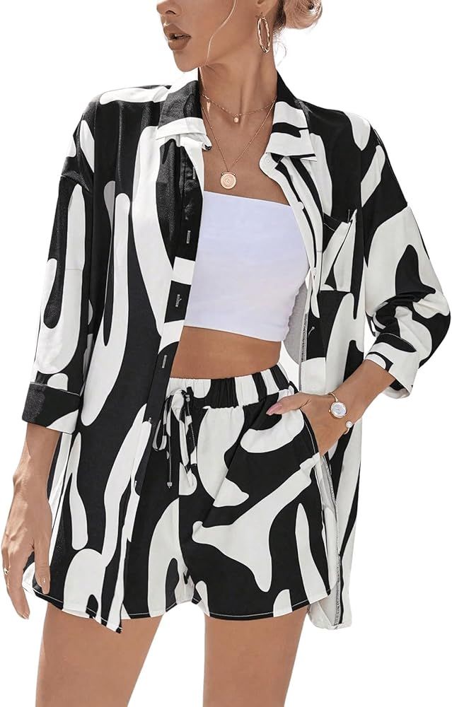 Women's 2 Piece Graphic Print 3/4 Sleeve Button Front Drop Shoulder Blouse Shirt and Drawstring S... | Amazon (US)