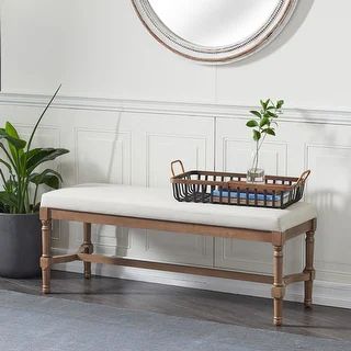 Rectangular Grey Wood Carved Bench With White Linen Cushion Seat 47" X 18" - 47 x 16 x 18 (Multi) | Bed Bath & Beyond