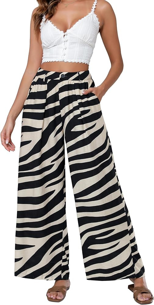 Women Elastic Waist Palazzo Wide Leg Zipper and Button Dress Pant with Pockets for Office Vocatio... | Amazon (US)