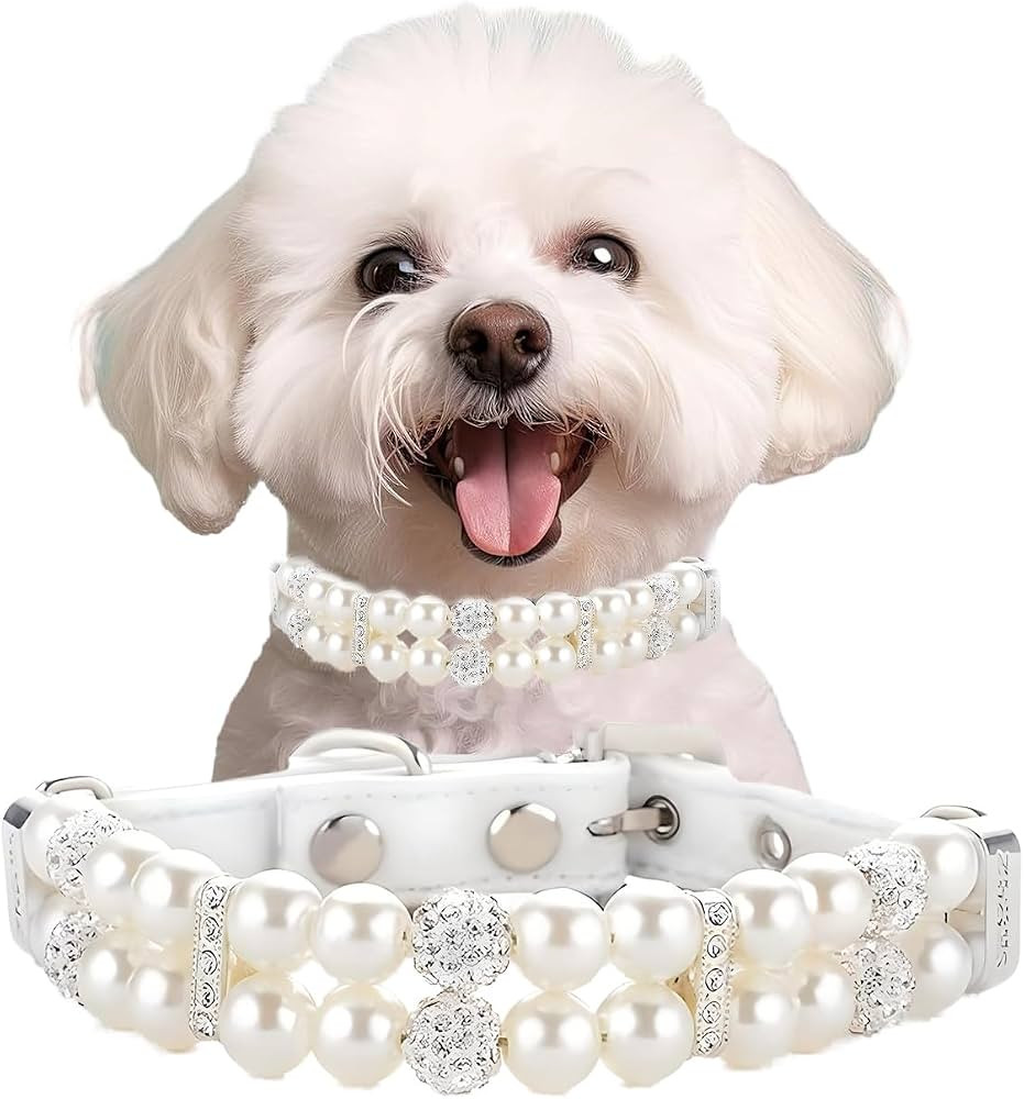 Pearl Dog Collars for Small Dogs, Girls Pearl Cat Collar PU Leather Dogs Necklace with Crystal Di... | Amazon (US)