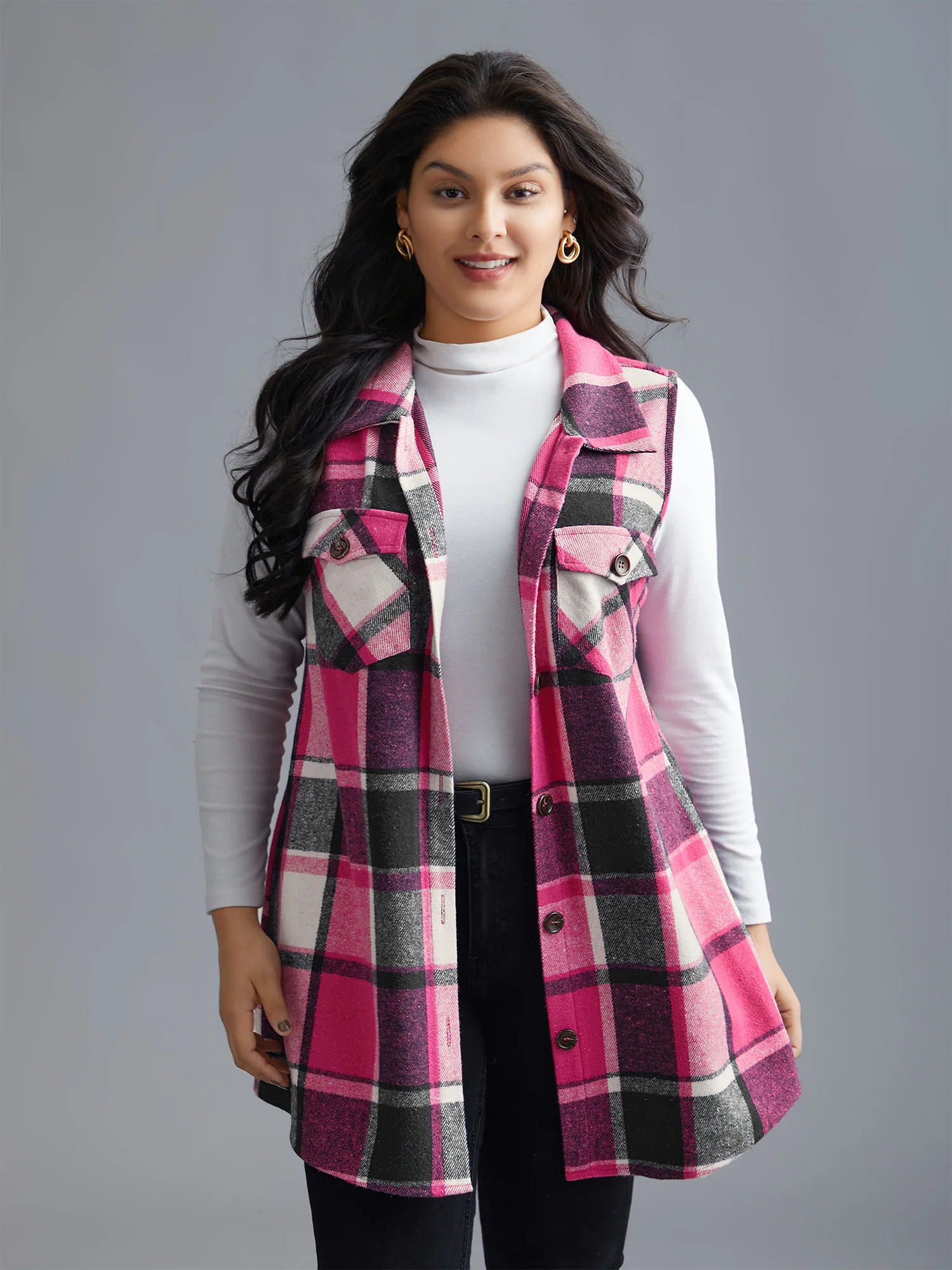 Plaid Flap Detail Sleeveless Jacket | Bloomchic