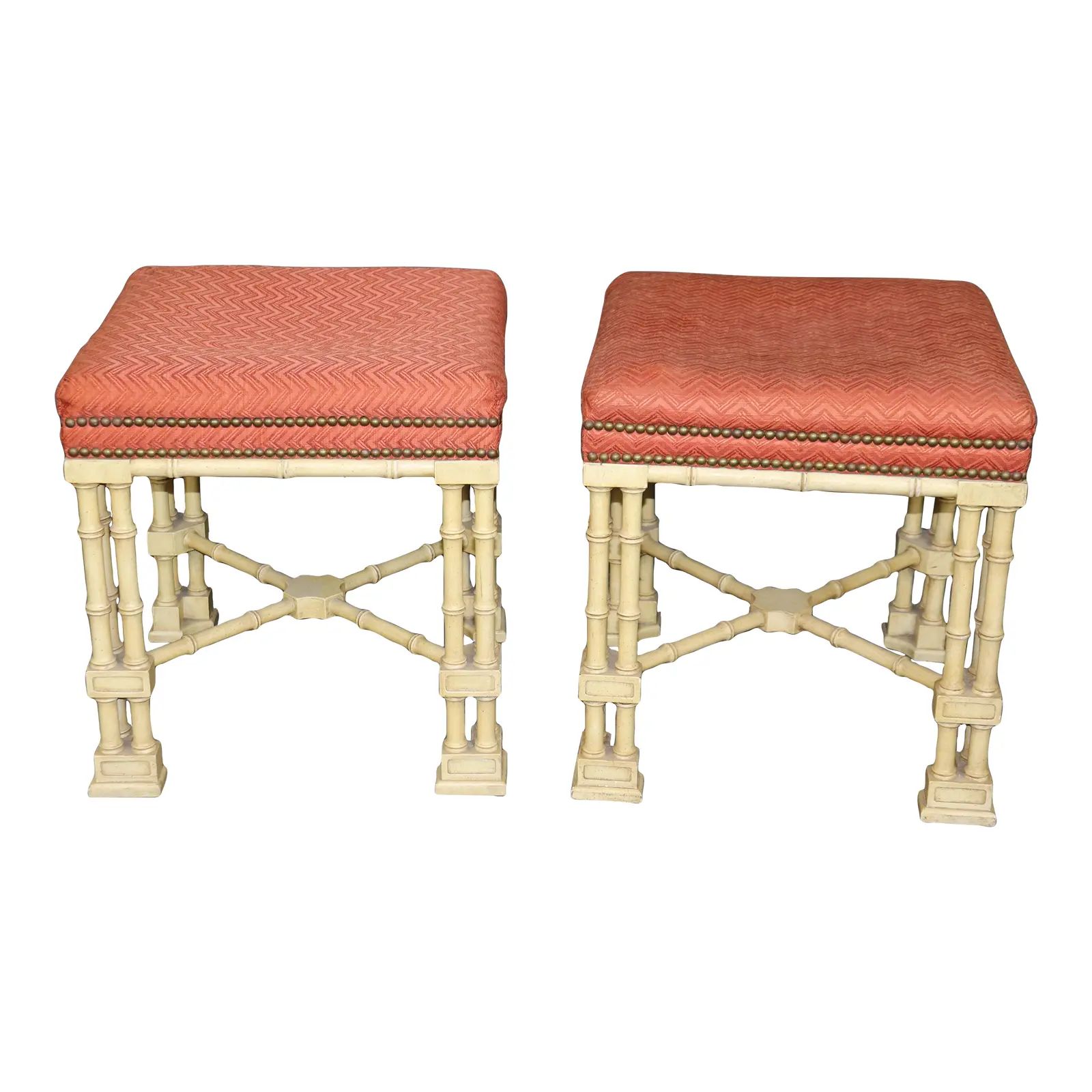Rare Pair of Chinese Chippendale Creme Painted Faux Bamboo Stools | Chairish