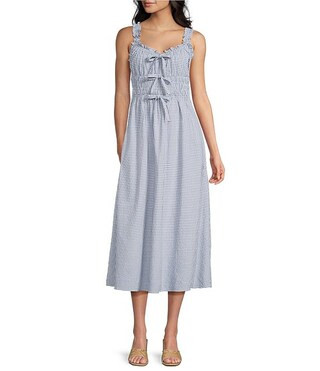 Storia Gingham Print Smocked Bodice Bow Front Midi Dress | Dillard's | Dillard's