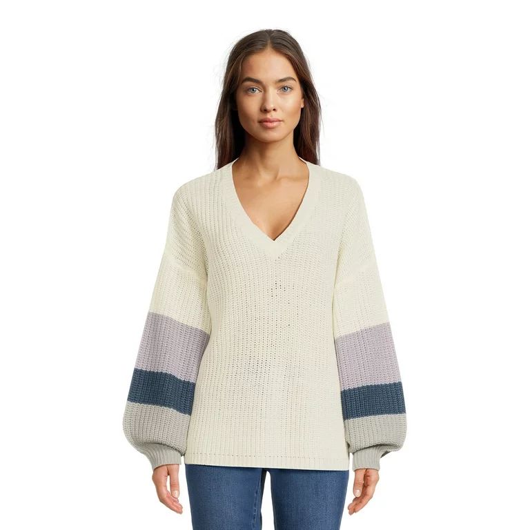 What's Next Women's V-Neck Shaker Stitch Pullover Sweater with Striped Sleeves, Sizes S-XL | Walmart (US)