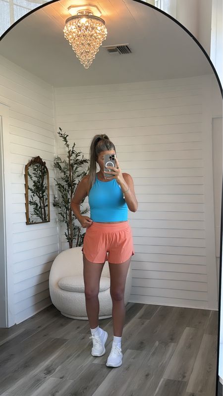 Lululemon workout set of the day! Love these shorts so much! Grab what color is stocked trust me! Size 6! Top is my favorite workout tank. I get an 8. Bra size 8. Shoes TTS

#LTKShoeCrush #LTKFitness #LTKActive