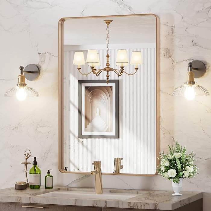 LOAAO 24”X36” Gold Bathroom Mirror, Rounded Rectangle Gold Frame Mirror, Brushed Gold Bathroo... | Amazon (US)