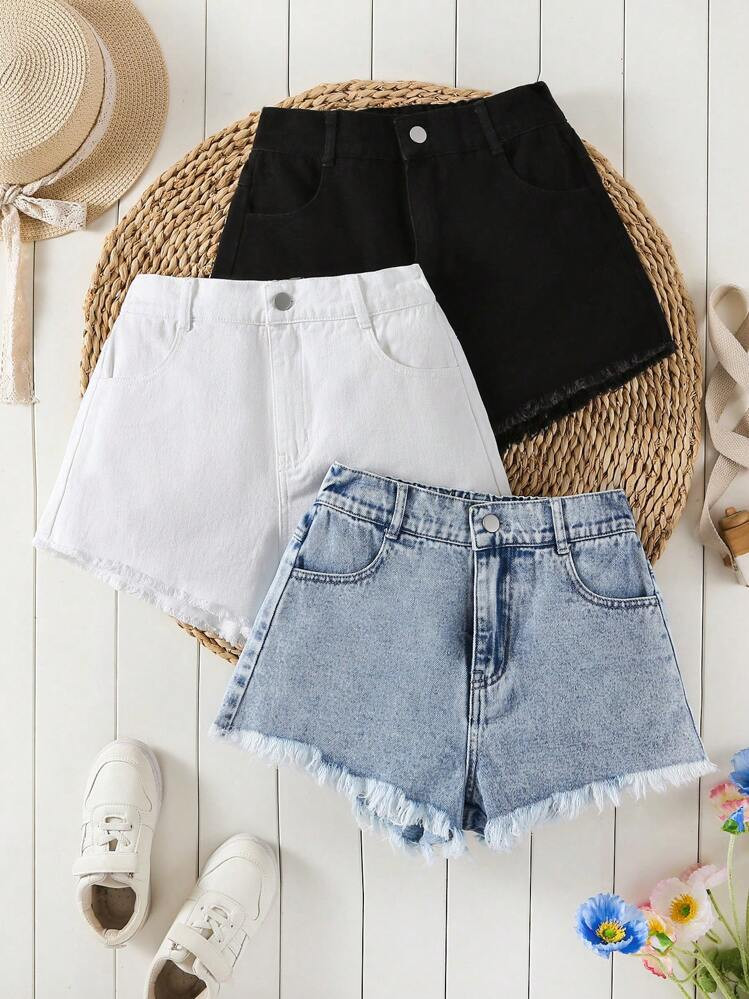 3-Pack Tween Girls Y2K Style Jeans, Including Vintage Light Blue Washed Denim, Simple Black And White, Loose Fit Denim Shorts, Soft And Comfortable Fabric, Street Fashion Versatile, Girls Denim Frayed Denim Shorts | SHEIN