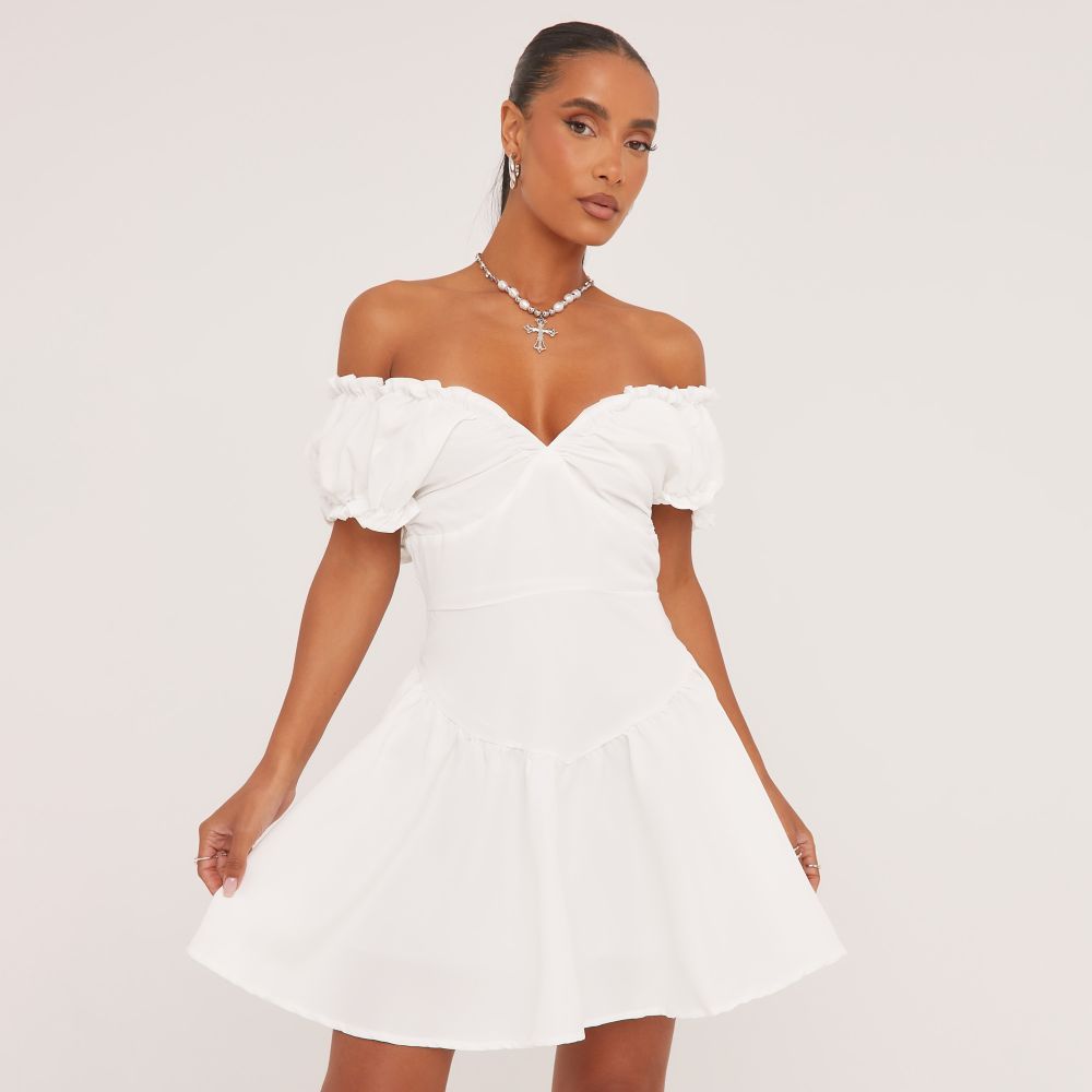 Bardot Puff Sleeve Mini Poplin Dress In White | Ego Shoes (UK)