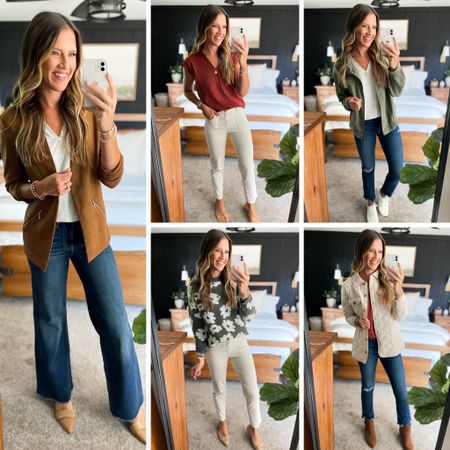 The cutest new arrivals from maurices! heir new denim styles are SO fabulous. 

Wide leg jeans - 2 long 
White jeans - 4 long 
Crop jeans - 4 long 
White and rust tee - small
Floral sweater - medium 
Suede blazer - small
Green jacket - medium 
Quilted jacket - small 

#LTKunder50 #LTKFind #LTKstyletip