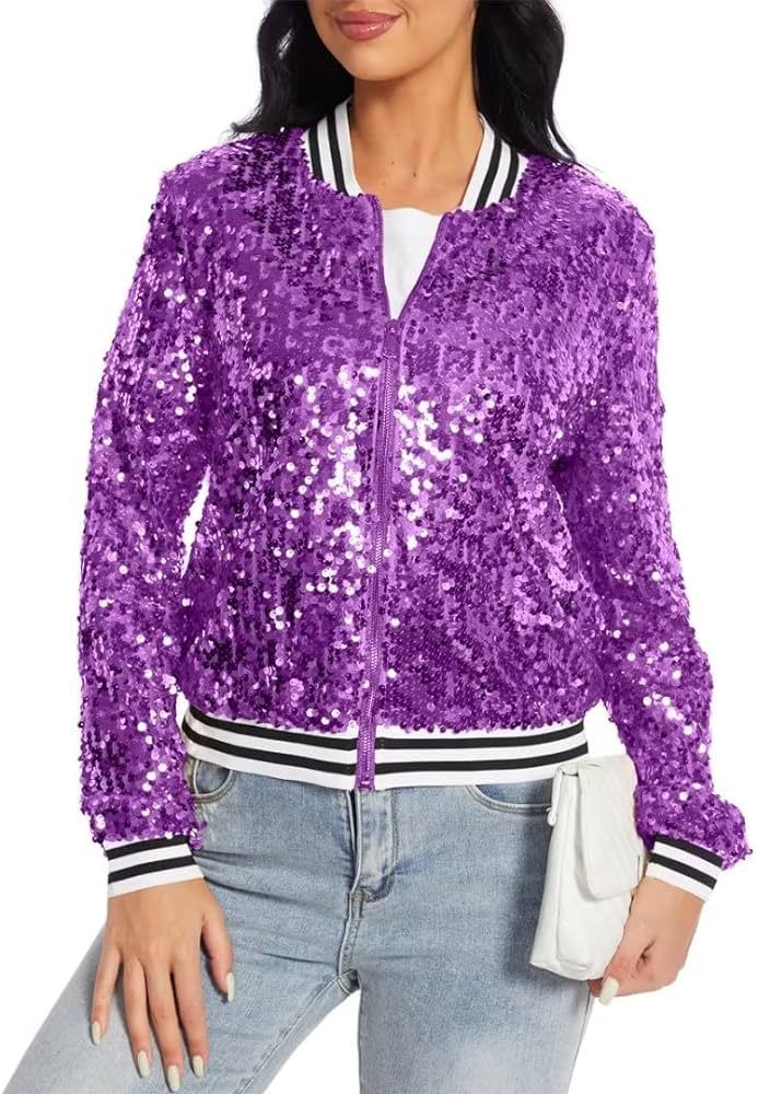 Womens Sequin Jacket Party Festival Outfit Long Sleeve Zipper Up Stylish Glitter Blazer Bomber Ja... | Amazon (US)