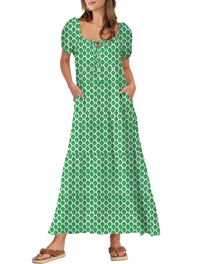 ANRABESS Women's Boho Maxi Dresses 2025 Summer Casual Floral Puff Short Sleeve Tie Front Flowy Sw... | Amazon (US)