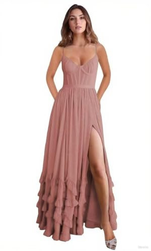 Spaghetti Straps Chiffon Prom Dress with Pleated for Women Dusty Rose-a Floral Corset V Neck Bridesmaid Dresses A Line Tiered Ruffle Wedding Guest Gowns US0 | Amazon (US)