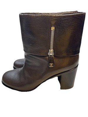 Chanel Boots 41 CC Brown Leather Ankle Boots High Heel Fold Over Logo Zipper 10 | eBay US