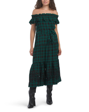 Plaid Off The Shoulder Tie Waist Midi Dress | TJ Maxx