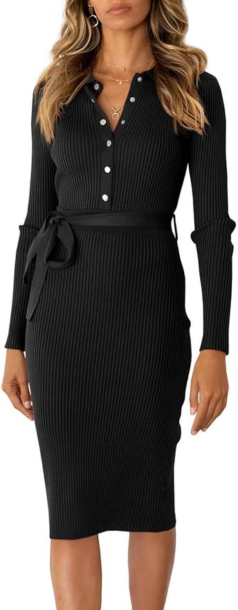 Lynwitkui Women's Long Sleeve V Neck Ribbed Sweater Dress Button Tie Waist Bodycon Stretchy Midi ... | Amazon (US)