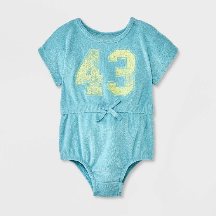 Grayson Mini Baby Girls' Tie Waist Terry Bubble Romper - Turquoise Blue | Target