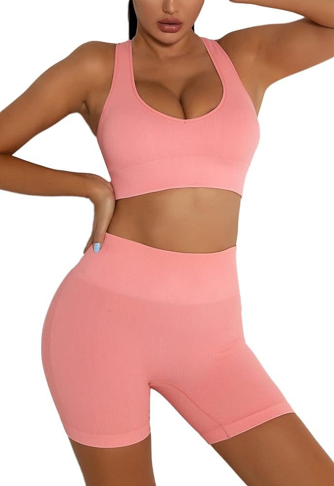 Workout Sets Two Piece Outfits for Women Clothes Gym Yoga Seamless Racerback Sports Bra Tank Tops... | Amazon (US)