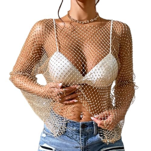 ABAFIP Women's Sparkly Rhinestone Crop Top Long Sleeve Mesh Bikini Cover up Summer Beach Holiday Fishnet Shirts Festival Rave Tops Gold Large | Amazon (US)