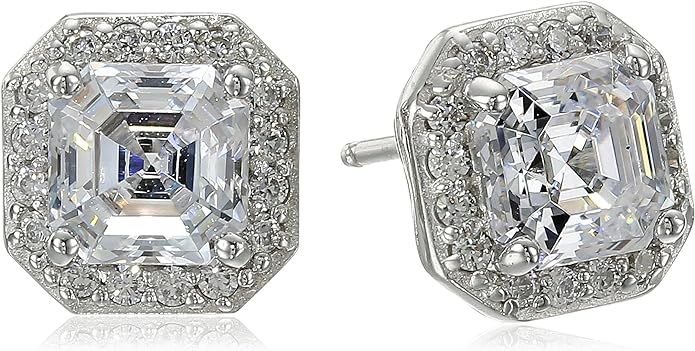 Platinum or Gold-Plated Sterling Silver Swarovski Zirconia Asscher-Cut Halo Earrings (1 cttw) | Amazon (US)