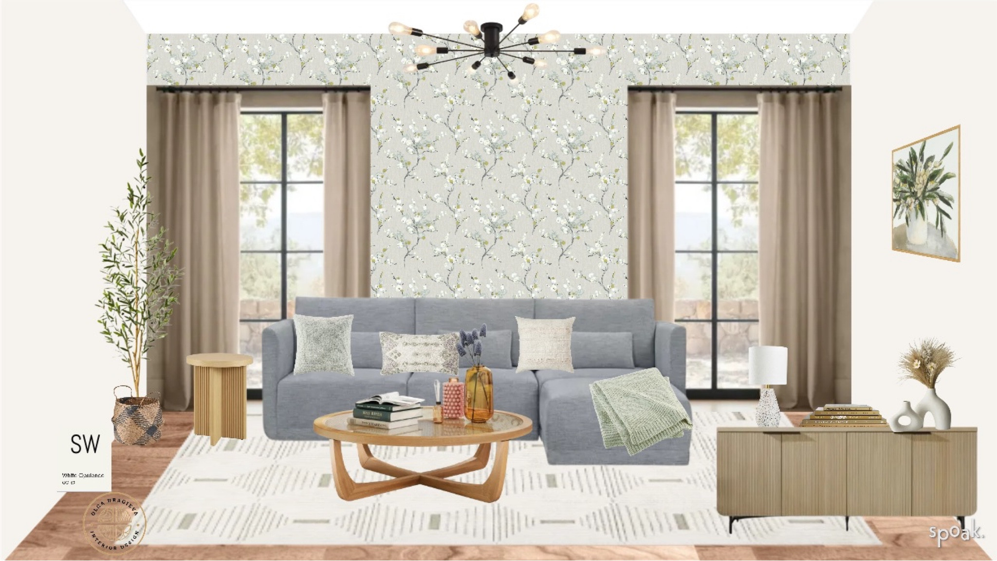 Affordable living room design/moodboard. Can you believe that all of this is from Walmart? Affordable sofa, affordable coffee table, affordable sideboard, mid-century modern chandelier, affordable neutral rug, side table, spring flowers wallpaper. 

#LTKSeasonal #LTKhome #LTKSpringSale