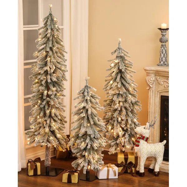 Slender Green Fir Flocked Christmas Tree with 255 LED Lights | Wayfair North America