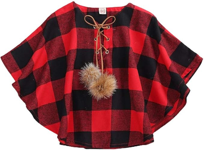 Christmas Outfits for Baby Girl Toddler Xmas Plaid Bat Sleeve Pompom Ball Pullover Hoodie Cloak F... | Amazon (US)