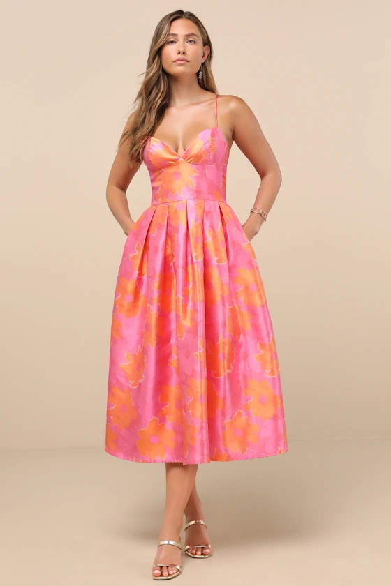 Vivinna Pink and Orange Floral Jacquard Pleated Midi Dress | Lulus