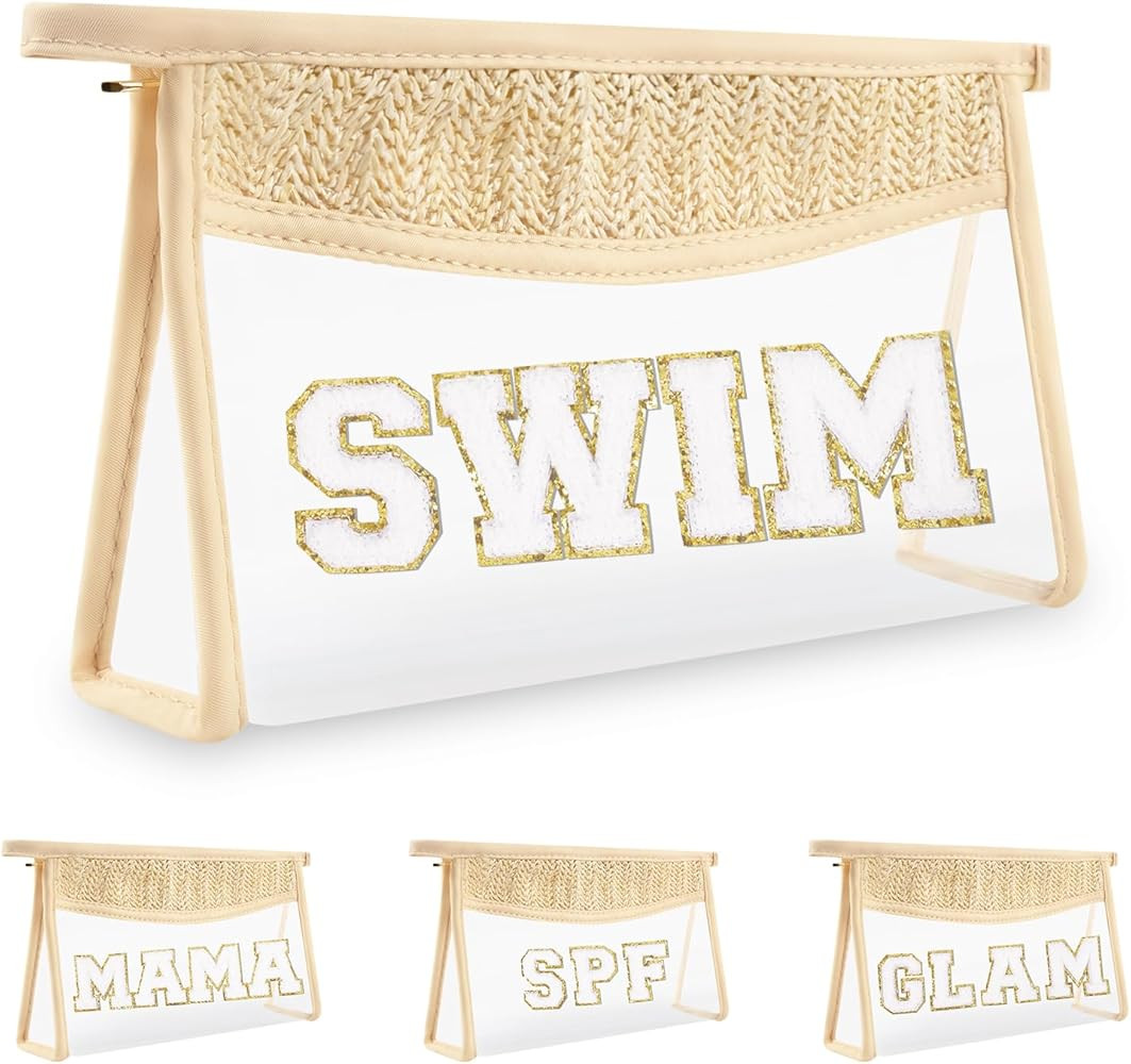 Iqimott Clear Patch Makeup Letter Bag, Boho Letter Bag for Beach Swim, Waterproof Zipper Make up ... | Amazon (US)