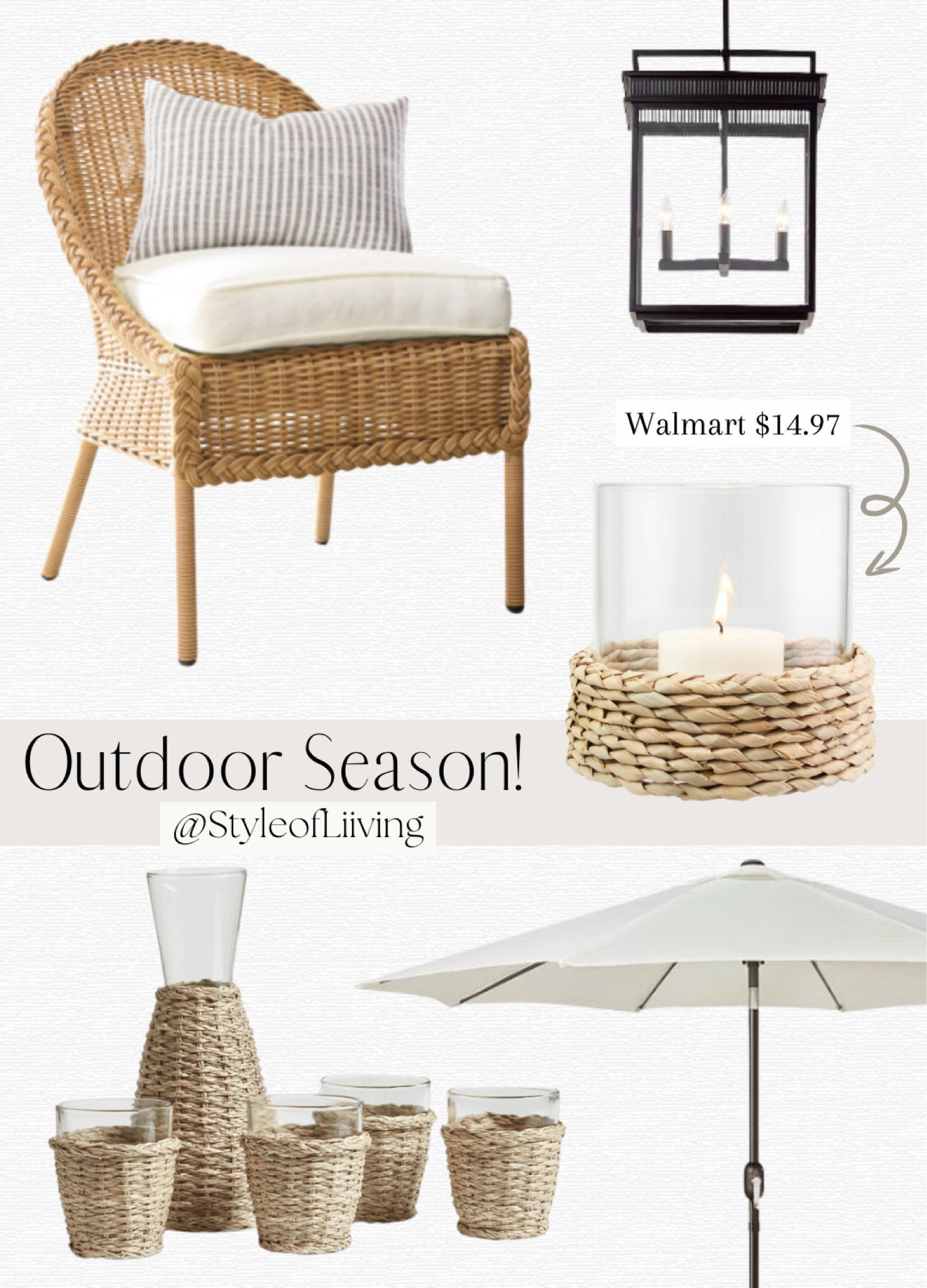 Outdoor patio season! Pottery Barn dining chairs, accent chairs, outdoor metal pendant light, hurricane glass candle holder from Walmart, drink ware, patio umbrella. #homedecor #outdoorr

#LTKSaleAlert #LTKHome #LTKSeasonal