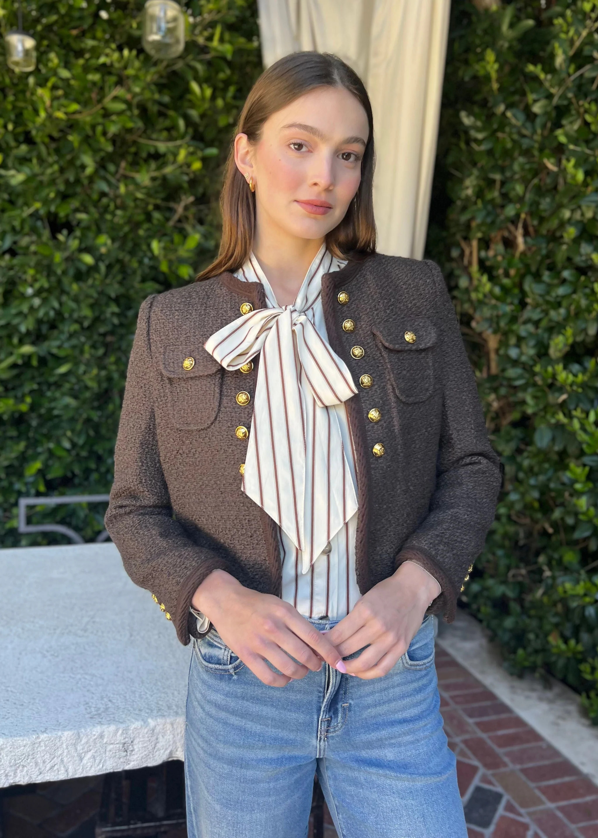 Gina Tweed Fitted Jacket with Gold Button Details - Brown | Benaar La