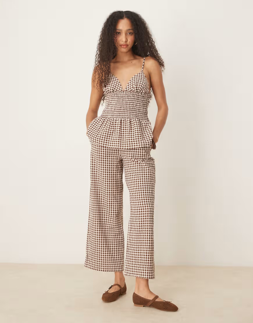 ASOS DESIGN wide leg pants in brown gingham | ASOS (Global)