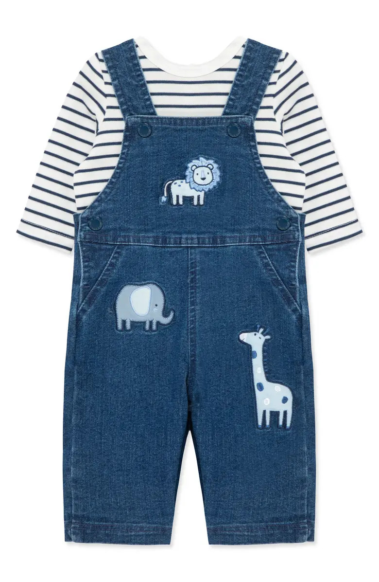 Safari Embroidered Overalls & Stripe Shirt Set | Nordstrom