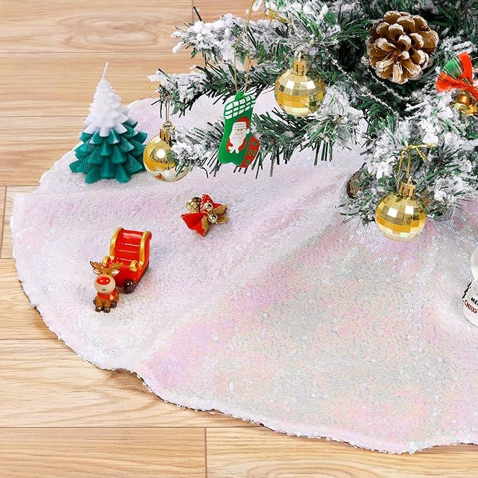 36 Inch Christmas Tree Skirt Iridescent White Tree Skirt Small Sequin Tree Mat for Merry Christma... | Amazon (US)