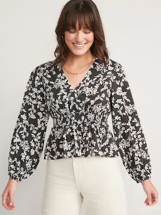 Puff-Sleeve Floral Smocked Peplum Blouse for Women | Old Navy (US)