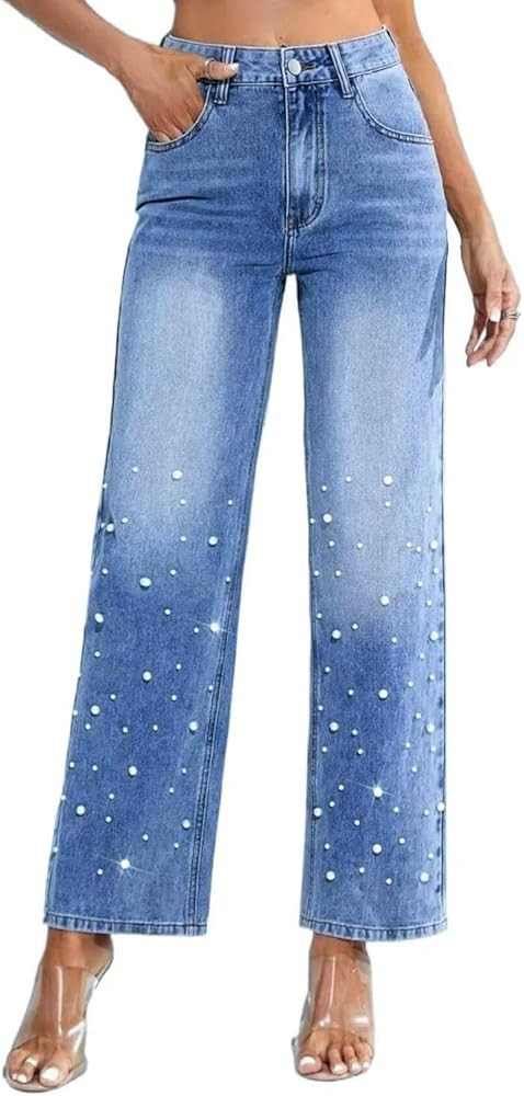 Pearl Jeans for Women High Waisted Straight Wide Leg Denim Pants Casual Baggy Boyfriend Trousers | Amazon (US)