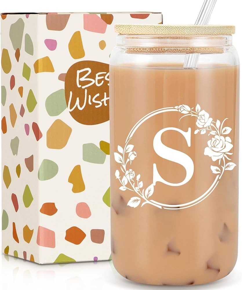 Birthday Gifts for Women, Monogrammed Initial Glass Cup Personalized Gifts for Women, 16oz Glass ... | Amazon (US)